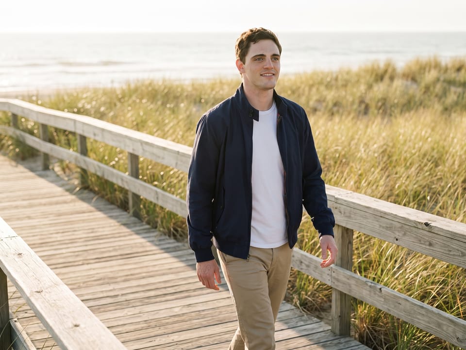 Evan walking the boardwalk through the dunes at the Jersey Shore